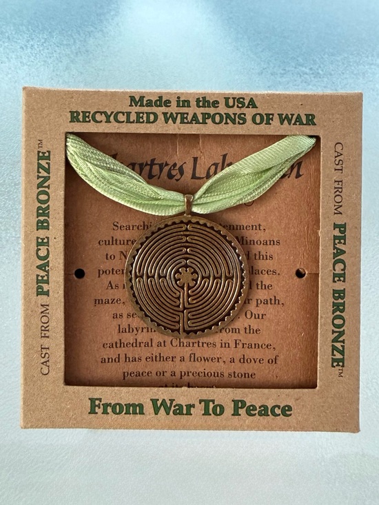 From War To Peace Other - Bronze Labyrinth Ornament / Necklace Pendant with Light Green Ribbon